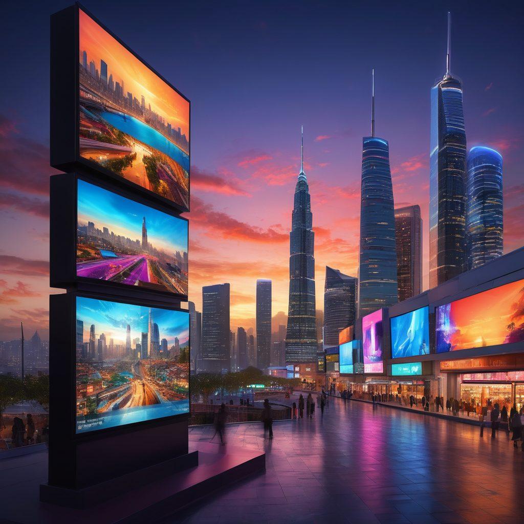 A dynamic digital landscape depicting a vibrant, futuristic Latin American city skyline at sunset, with large screens showcasing popular pay-per-view content. Integrate diverse viewers interacting with holographic interfaces, expressing excitement over streaming options. Include symbols of digital engagement like likes, shares, and comments visually emanating from the screens. Use bright, saturated colors to reflect the lively culture. super-realistic. vibrant colors. digital art.