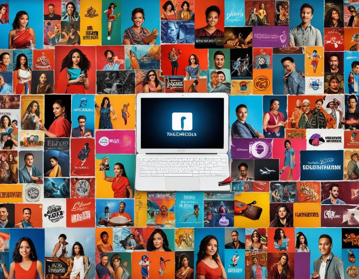 A vibrant collage featuring a diverse group of Latin artists and entertainers engaging with their digital audiences through various devices like smartphones and laptops. Incorporate elements like streaming logos, social media icons, and cultural symbols from Latin America. Create a dynamic atmosphere that showcases the fusion of tradition and modern digital trends. Colorful, lively, and energetic, capturing the essence of the Latin entertainment evolution. super-realistic. vibrant colors. 3D.